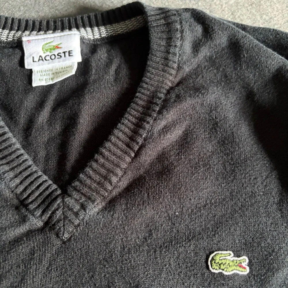 Lacoste V-Neck Sweater Mens 5 Large Black Cotton French Classic Comfort Logo